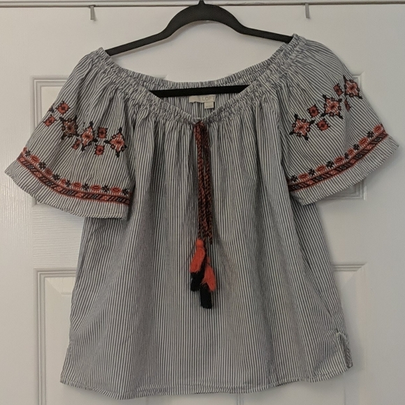 LOFT Off the Shoulder Embroidered Tassel Top - Picture 1 of 6